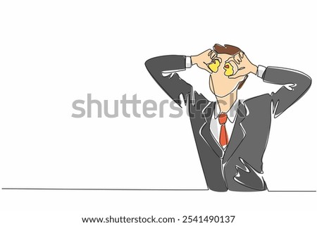 Single one line drawing businessman holds duck dolls in each hand and places them on his eyes. Joking. Relaxing. Lazy to work. Play. National Goof Off Day. Continuous line design graphic illustration