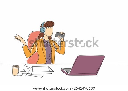 Continuous one line drawing young businesswoman sitting on a chair wearing headphones. Lazing around singing karaoke in the office. National Goof Off Day. Single line draw design vector illustration