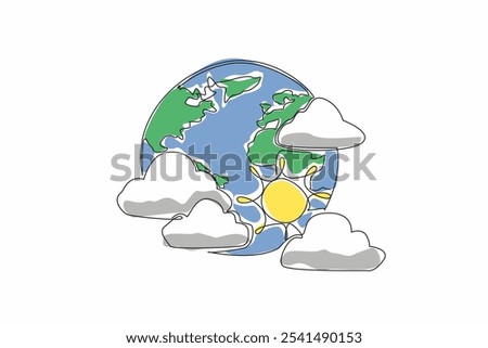 Single one line drawing the globe surrounded by several clouds and the sun. Experts predict the rainy season has not yet arrived. World Meteorological Day. Continuous line design graphic illustration