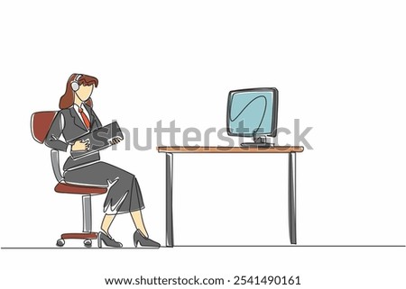 Continuous one line drawing businesswoman wearing headphones and using keyboard as guitar. Take advantage of the time to laze around. National Goof Off Day. Single line draw design vector illustration