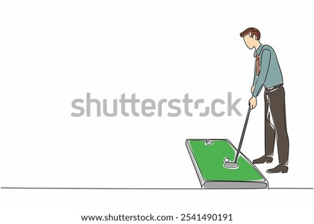 Continuous one line drawing businessman in tie playing mini golf in room. Work can be done later. Today is a play day at the office. National Goof Off Day. Single line draw design vector illustration