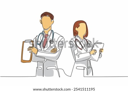 Single one line drawing male and female doctors holding clipboards. Make notes for the next doctor on duty. Medical records. The national of doctor day. Continuous line design graphic illustration