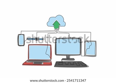 Continuous one line drawing some gadget devices upload data to the cloud. Very easy storage media. Confidential. Important. Cloud server. World Backup Day. Single line draw design vector illustration