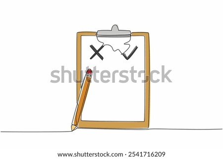 Single one line drawing clipboard with check mark and X symbol. List truth in detail. Avoid lies. Anti hoax information. International Fact-Checking Day. Continuous line design graphic illustration