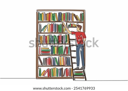 Single continuous line drawing a male librarian climbing bookshelf with ladder. Taking a book that is not in the right place. Sort. National School Librarian Day. One line design vector illustration