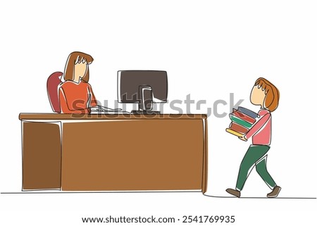 Continuous one line drawing girl carrying stack of books to female librarian. Record books before lending them. Occupation. National School Librarian Day. Single line draw design vector illustration