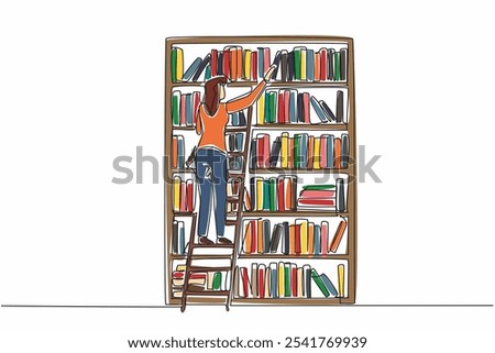 Single continuous line drawing female librarian climbing bookshelf with ladder. Tidying up messy books. For convenience of visitors. National School Librarian Day. One line design vector illustration