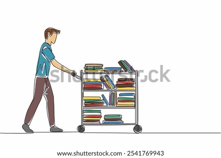 Single continuous line drawing male librarian pushing a trolley full of books. Maintenance measures. Avoid damage to many books. National School Librarian Day. One line design vector illustration