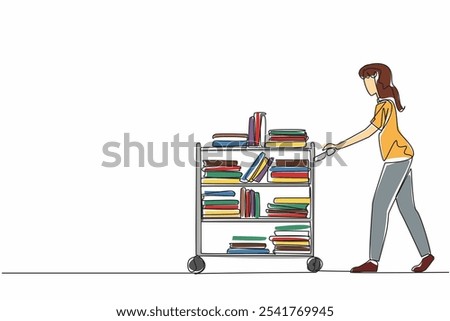 Single one line drawing female librarian pushing trolley full of books. Arranging books with the help of a trolley. Neatness. National School Librarian Day. Continuous line design graphic illustration