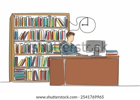 Continuous one line drawing male librarian sit in chair typing on keyboard. Create book number to facilitate data collection. National School Librarian Day. Single line draw design vector illustration