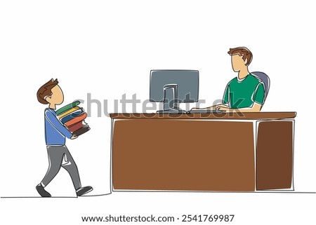 Single one line drawing boy carrying stack of books to male librarian. Work on recording books to be returned. Dedication. National School Librarian Day. Continuous line design graphic illustration