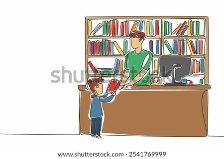 Single one line drawing male librarian receives book from male student. Daily work of a librarian. Large collection of books. National School Librarian Day. Continuous line design graphic illustration