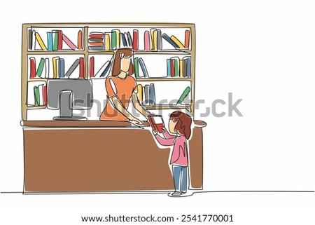 Continuous one line drawing female librarian received book from female student. Ask something about book. Patient in serving. National School Librarian Day. Single line draw design vector illustration