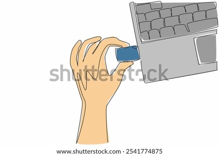 Continuous one line drawing hand inserting a flash drive into the laptop. Transferring important data. Doing copy paste. Tech. National Flash Drive Day. Single line draw design vector illustration