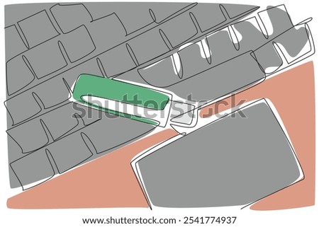 Single one line drawing flash drive above the keyboard keys. Backing up work. Daily backup in a simple way. Copy paste. Tech. National Flash Drive Day. Continuous line design graphic illustration