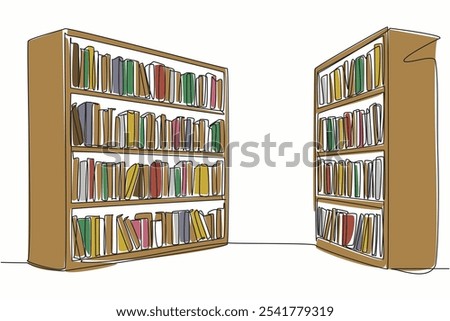 Single one line drawing two bookcases facing each other. One of the decoration corners in the library. Reading corner. Knowledge. National Library Day. Continuous line design graphic illustration