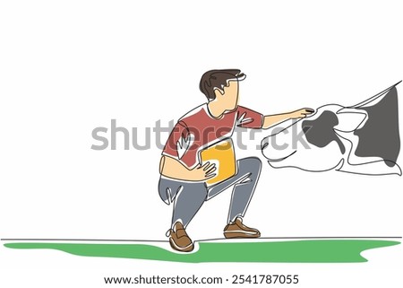 Single continuous line drawing male farmer kneel with clipboard and stroking head of cow. Weekly report notes. Ideal weight of livestock. National Farm Animals Day. One line design vector illustration