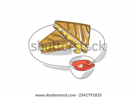 Continuous one line drawing 2 pieces of grilled cheese sandwich stacked with melted cheese on a plate. Appetizer. National Grilled Cheese Sandwich Day. Single line draw design vector illustration