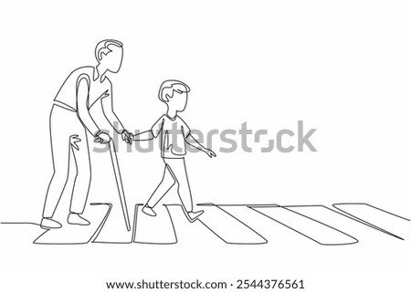 Single continuous line drawing a boy helps a hunchbacked old man with a stick cross the road on a zebra crossing. A real action to inspire all. Good Deeds Day. One line design vector illustration