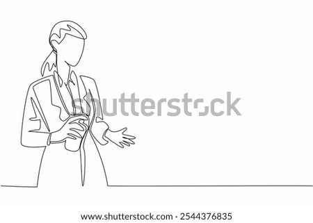 Continuous one line drawing a business woman sprays perfume on the palm of her hand. Gives off a very calming aroma. Stress reliever. National Perfume Day. Single line draw design vector illustration