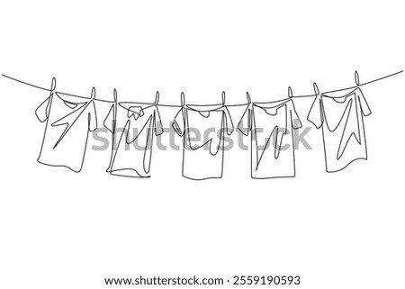 Single one line drawing 5 colorful t-shirts are drying on the clothesline. Adding brightness to the morning when drying. Laundry. National Hanging Out Day. Continuous line design graphic illustration