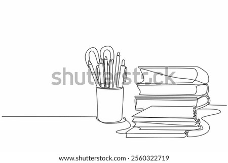 Single one line drawing pencils and other stationery neatly arranged in a pencil case. Marking multiple formulas. Learn and memorize. World Stationery Day. Continuous line design graphic illustration