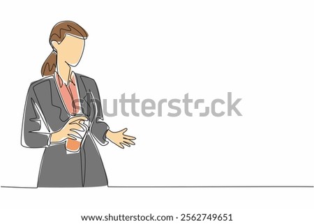 Continuous one line drawing a business woman sprays perfume on the palm of her hand. Gives off a very calming aroma. Stress reliever. National Perfume Day. Single line draw design vector illustration