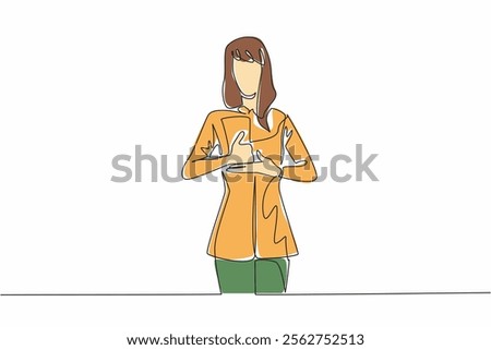 Continuous one line drawing a woman in casual clothes makes a hand gesture. A help gesture in sign language. Code. National American Sign Language Day. Single line draw design vector illustration