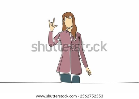 Single continuous line drawing a young woman in casual clothes makes a hand gesture. It means I Love You in sign language. National American Sign Language Day. One line design vector illustration