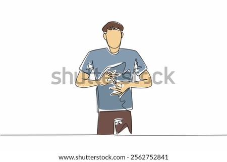 Single one line drawing a man in casual clothes making a hand gesture. Word translator on television news shows. Code. National American Sign Language Day. Continuous line design graphic illustration