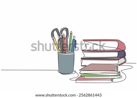 Single one line drawing pencils and other stationery neatly arranged in a pencil case. Marking multiple formulas. Learn and memorize. World Stationery Day. Continuous line design graphic illustration