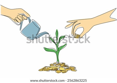 Single continuous line drawing stack of coins grow small plants. Symbolism of investment. Investing capital for profit growth. National Financial Awareness Day. One line design vector illustration