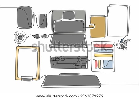 Single one line drawing a very neatly arranged work desk. Makes it easier to work and read weekly reports. Neatness keeps a good mood. Get Organized Day. Continuous line design graphic illustration