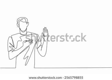 Single continuous line drawing man in casual clothes posing swear gesture. Honest and trustworthy nature. Has many friends and relations. National Honesty Day. One line design vector illustration