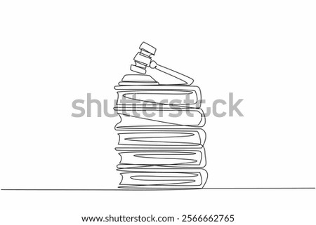 Single one line drawing judge gavel on top of 5 stacks of thick books. The case file is ready. The lawsuit will arrive at the right time. Verdict. Law Day. Continuous line design graphic illustration