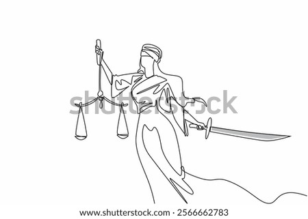 Single one line drawing woman with her eyes covered by cloth holding scales and sword. Symbolism. All are equal before the law. Uphold the law. Law Day. Continuous line design graphic illustration