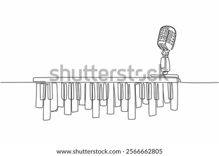 Single continuous line drawing piano keys and above it is a mic. An old school microphone that is very thick with jazz music. Performance. International Jazz Day. One line design vector illustration