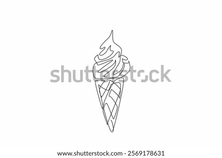 Single one line drawing vanilla ice cream cone topped with melted chocolate. Enjoy in the park. On the beach. In the summer. National Chocolate Custard Day. Continuous line design graphic illustration