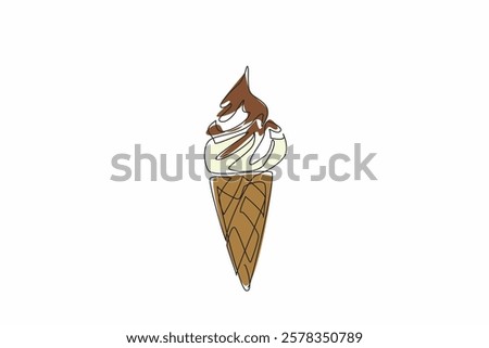 Single one line drawing vanilla ice cream cone topped with melted chocolate. Enjoy in the park. On the beach. In the summer. National Chocolate Custard Day. Continuous line design graphic illustration