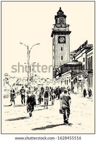 Russia.Moscow. Urban view of the city street with buildings and people. Summer day black and hand drawing with pen and ink. Western classical trend of book illustration and comic art.
