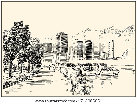 Embankment urban view of the city street with buildings and river boat.  Black and white sketch, line art, drawing with pen and ink. Dashed style.