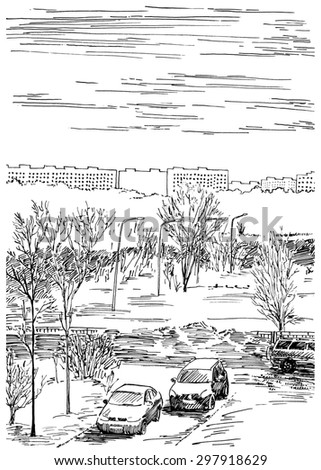 Simple winter urban view. Black and white dashed style sketch, line art, drawing with pen and ink. Trend of book illustration and comic art. Retro vintage picture / etching / engraving on paper.