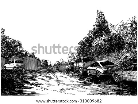 Cars parking near the suburban road. Black and white dashed style sketch, line art, drawing with pen and ink. Western classical trend of book illustration and comic art. Retro vintage picture.