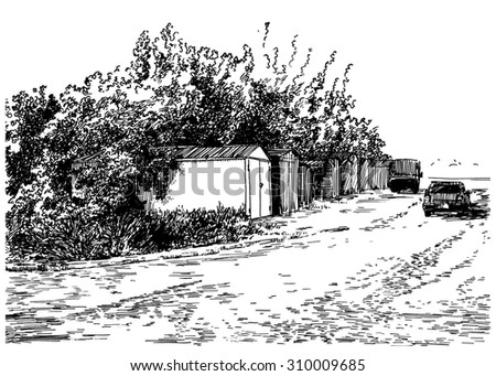 Garages near trees. Black and white dashed style sketch, line art, drawing with pen and ink. Western classical trend of book illustration and comic art. Retro vintage picture.