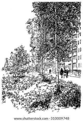 Walking people figures in the city park. Black and white dashed style sketch, line art, drawing with pen and ink. Western classical trend of book illustration and comic art. Retro vintage picture.