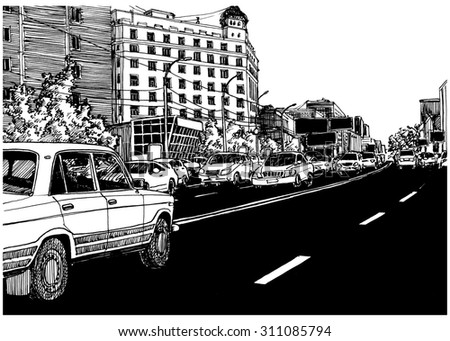 Asphalt black road. City view urban scene. Black and white dashed style sketch, line art, drawing with pen and ink. Western classical trend of book illustration and comic art. Retro vintage picture.