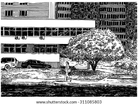 House wall. City view urban scene. Black and white dashed style sketch, line art, drawing with pen and ink. Western classical trend of book illustration and comic art. Retro vintage picture.