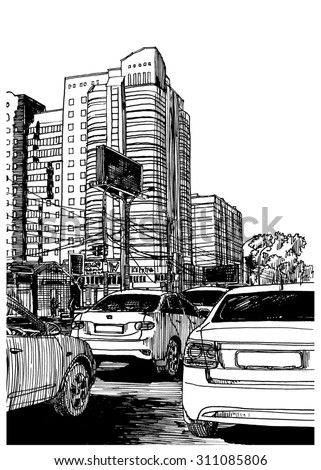 Stop traffic. City view urban scene. Black and white dashed style sketch, line art, drawing with pen and ink. Western classical trend of book illustration and comic art. Retro vintage picture.