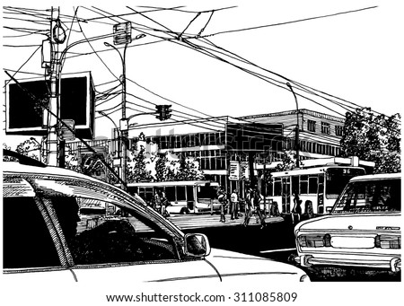 Crossway traffic. City view urban scene. Black and white dashed style sketch, line art, drawing with pen and ink. Western classical trend of book illustration and comic art. Retro vintage picture.