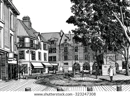 European street view. Black and white dashed style sketch, line art, drawing with pen and ink. Retro vintage picture.